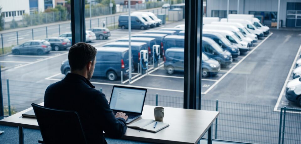 Fuhrparkleiter am Schreibtisch mit Laptop, im Hintergrund ein Betriebshof mit Transportern und E-Fahrzeugen