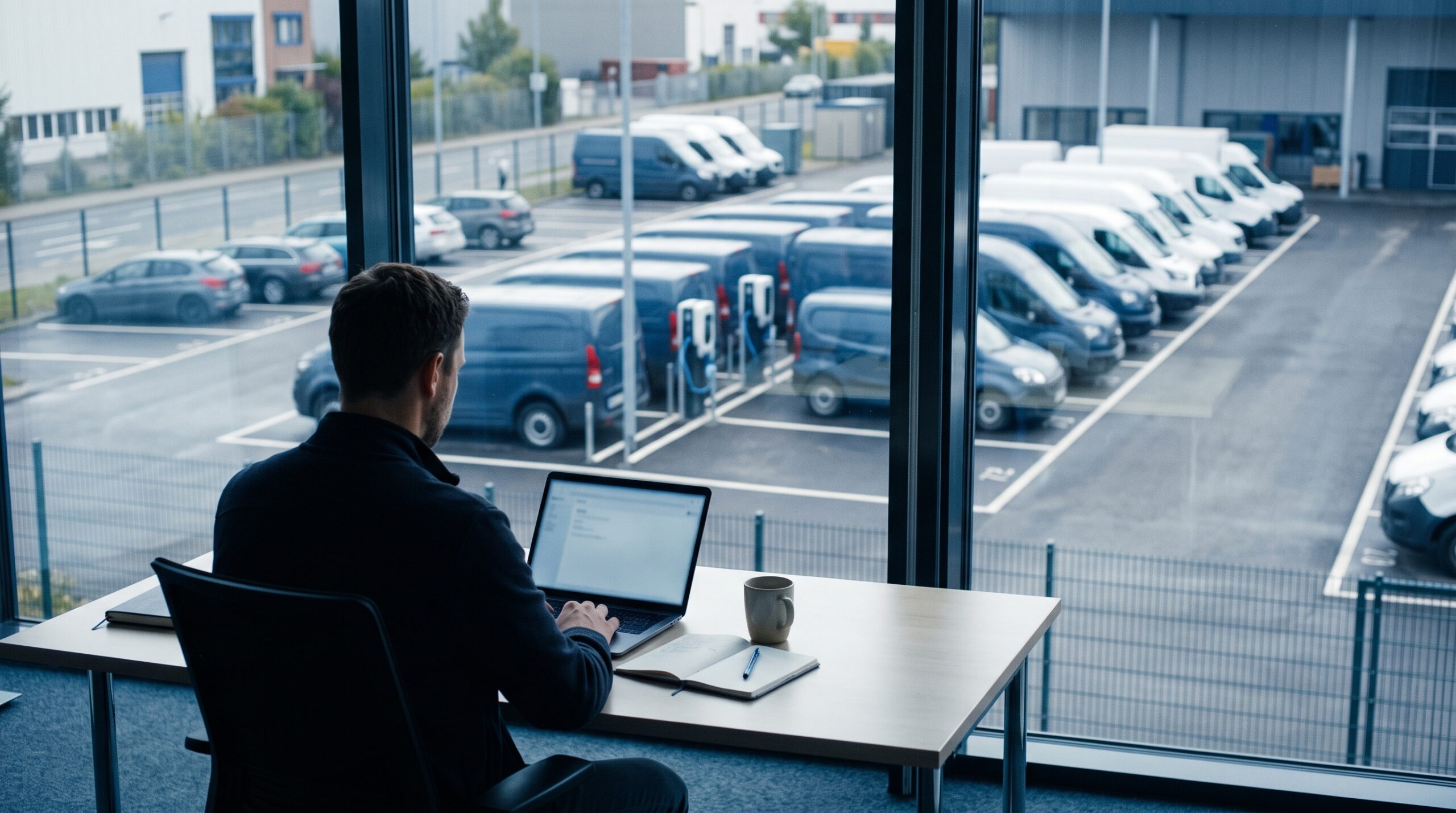 Fuhrparkleiter am Schreibtisch mit Laptop, im Hintergrund ein Betriebshof mit Transportern und E-Fahrzeugen